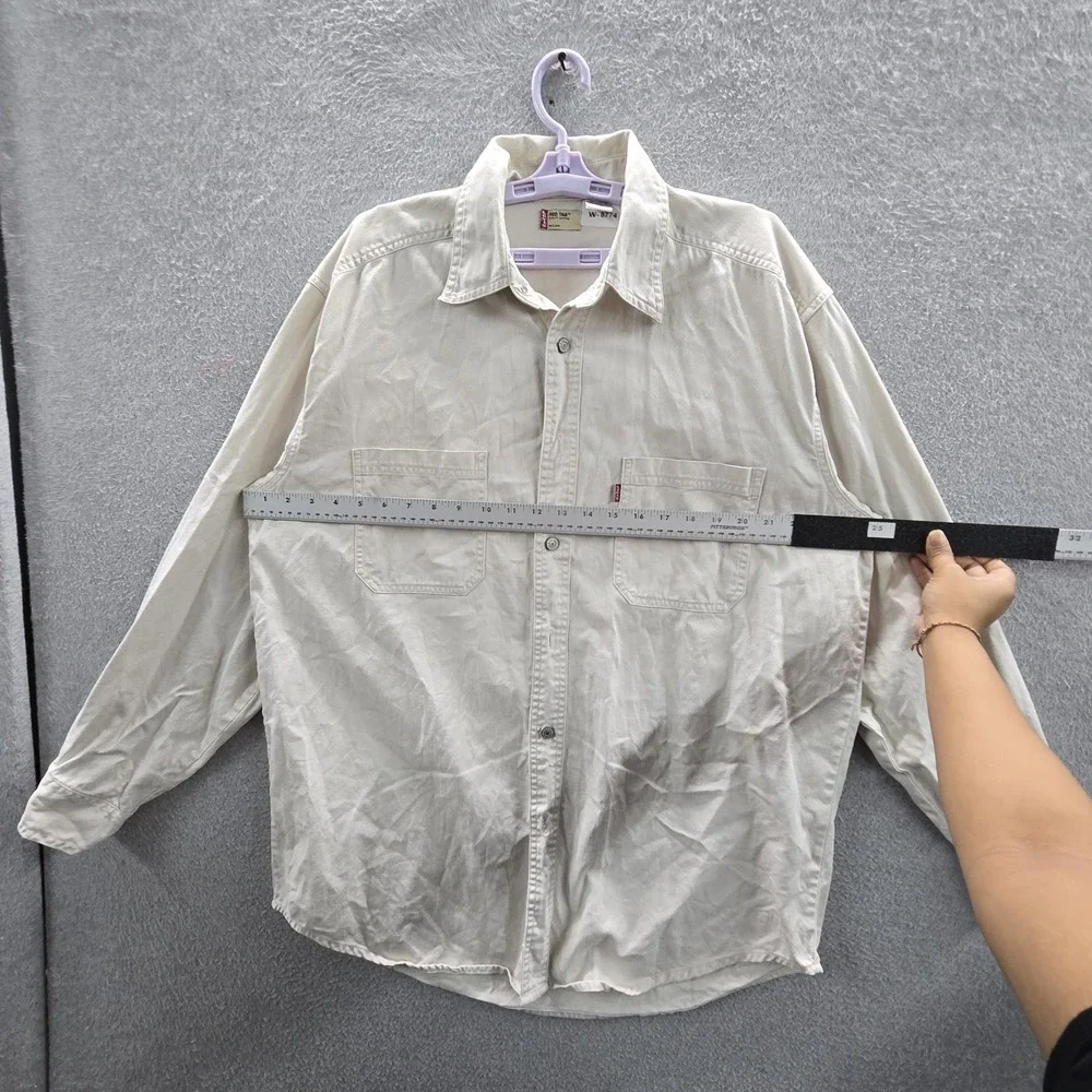 VINTAGE Levi's Red Tab Men Button Up Shirt M Beige Twill Logo Long Sleeve Y2K